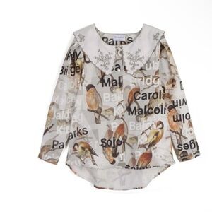 Kids Bird Print Blouse with Embroidered Collar by boutique brand Wolf and Rita